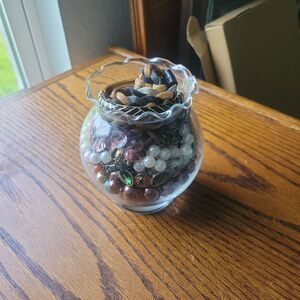 Mystery Jewelry Jar 2.8 Lbs Vintage - Now All Wearable in a Scalloped Edge Bowl